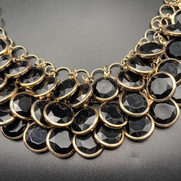 Black Faceted Acrylic Bib Necklace Muted Gold Tone Statement Color Layer 20+2" - Picture 3 of 6